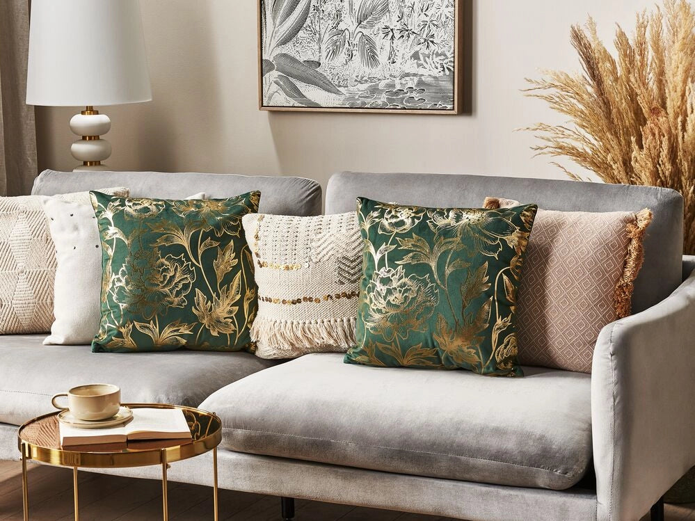 Set di 2 cuscini decorativi velluto verde 45 x 45 cm Accessori decorativi con stampa floreale in foglia d'oro