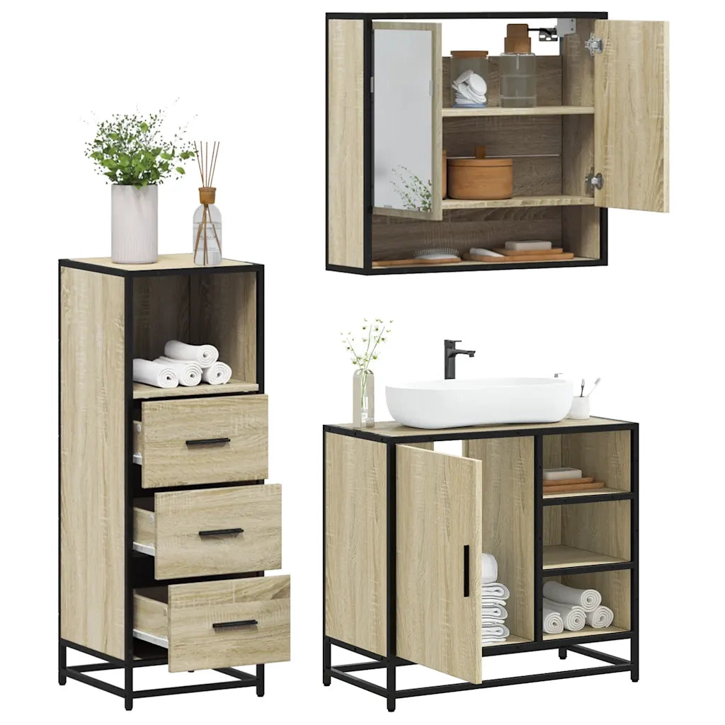 Set Mobili da Bagno 3 pz Rovere Sonoma in Legno Multistrato