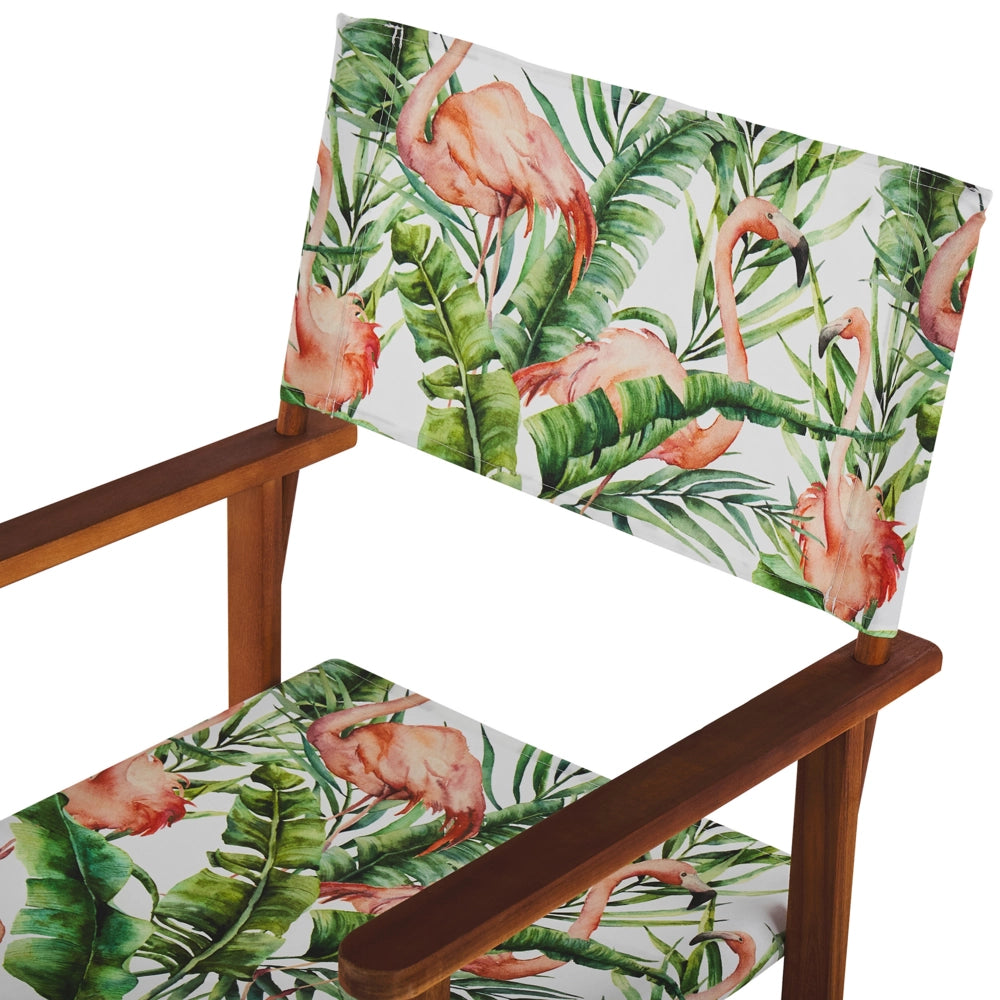 Set di 2 sedie da regista da giardino in marrone scuro d'acacia con tessuto di ricambio in tessuto acacia fenicottero bianco sporco