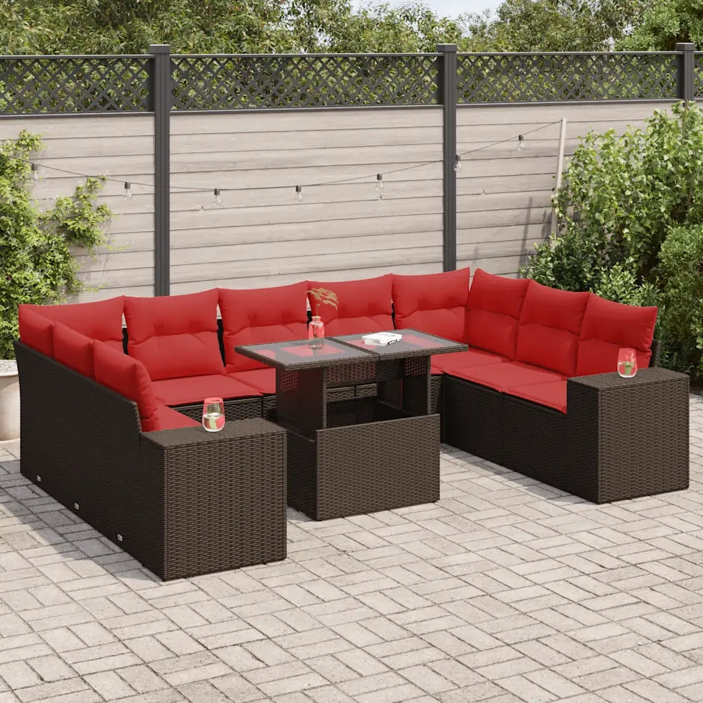 Set Divani Giardino 10 pz con Cuscini Polyrattan Marrone Acacia 3326865