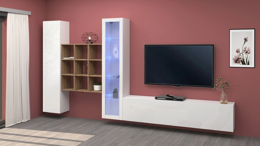 Parete attrezzata bianca mobile TV vetrina armadio libreria Ranil WH