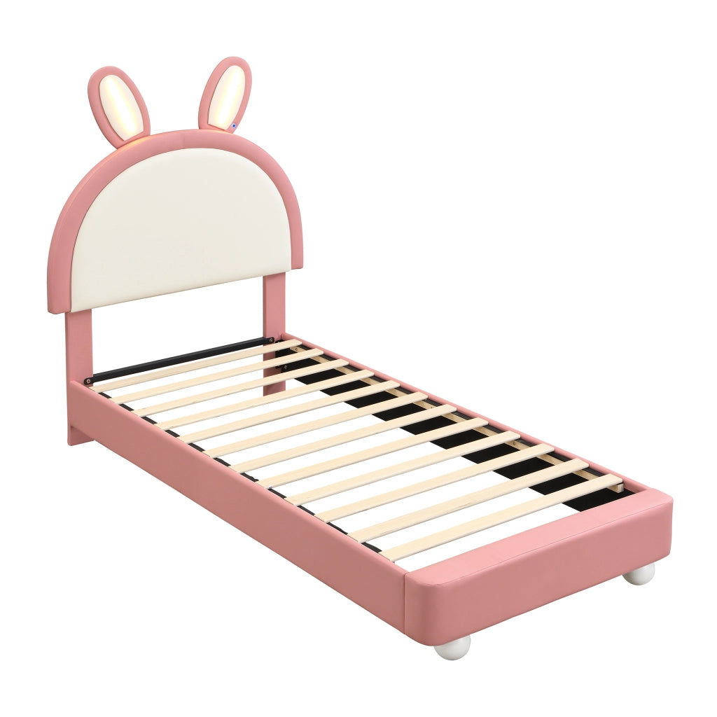 Letto per Bambini 90x200 cm; Testiera a Coniglio con LED e Bordo Paracolpi - Rosa