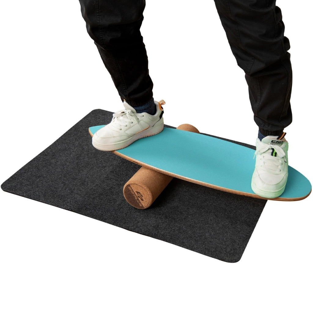 Tavola oscillante realizzata in legno di betulla e sughero, Balance board con rullo e copertura antiscivolo Blu-Barre per flessioni