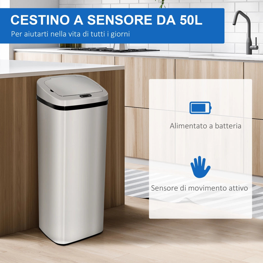 Cestino Spazzatura da 50L con Sensore, Pattumiera Intelligente con Apertura e Chiusura Automatica, Bidone per Rifiuti in Acciaio, 33x25x84 cm, Argento