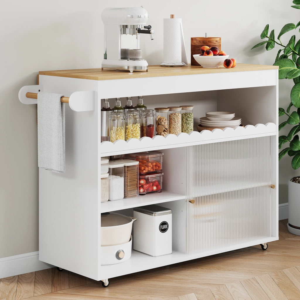 Isola Cucina Mobile 122x46/69x91 cm Bianca e Rovere con Piano Ribaltabile, Vetro e 5 Ruote