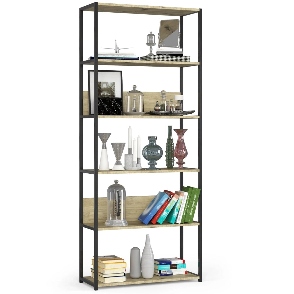 Scaffale stilo loft con ripiani in legno 80 cm Nera 80 cm inserto frontale Quercia Artisan 80x32x192 cm