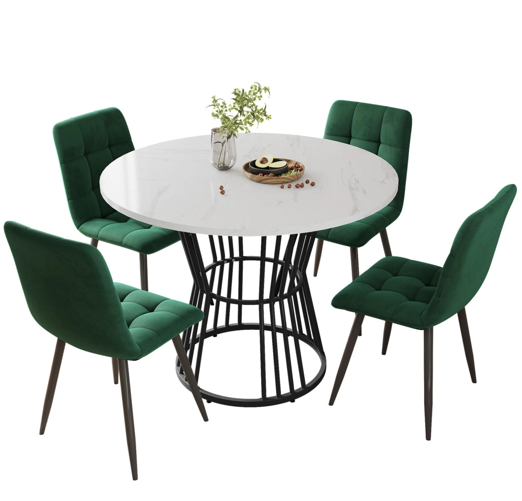 Set Tavolo da Pranzo Rotondo con 4 Sedie ¨C Xylo ¨C Piano MDF Bianco, Gambe Metallo Nero, Velluto Verde, ?100cm