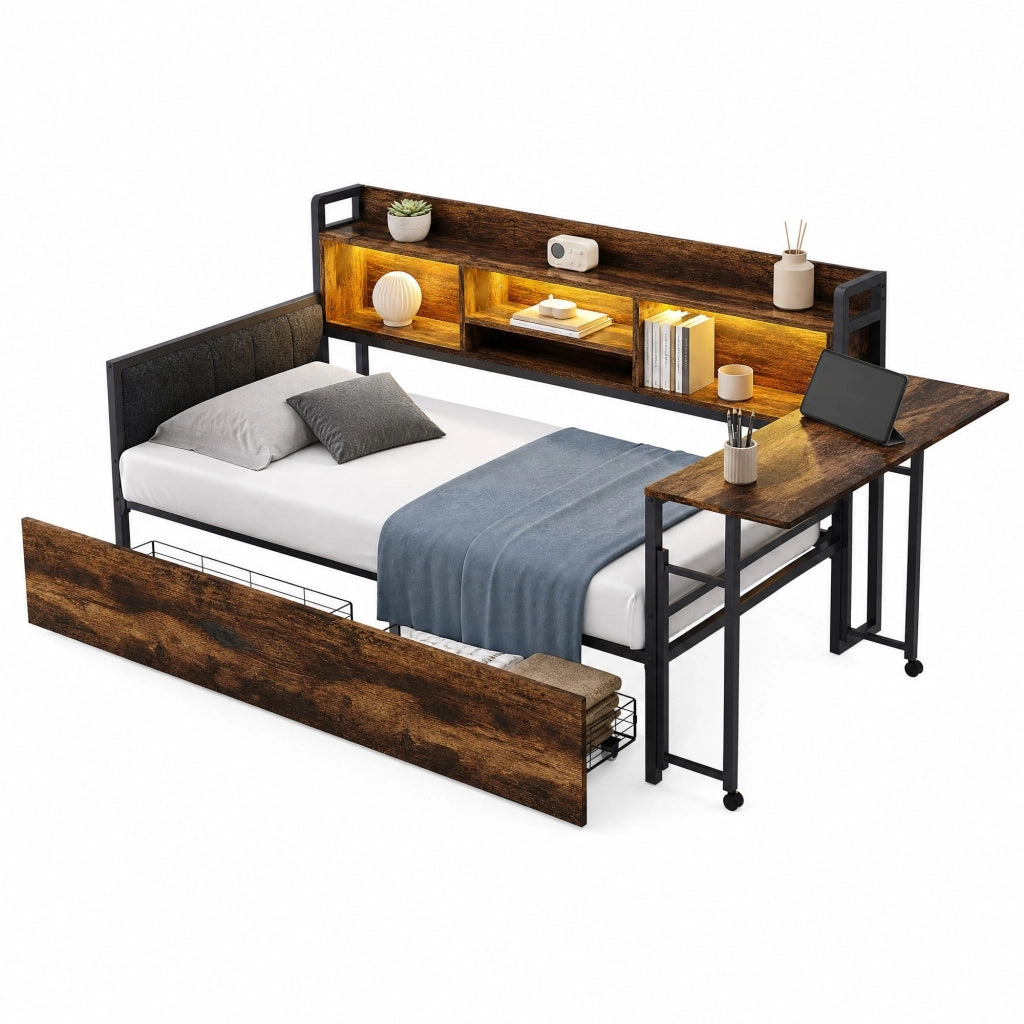 Letto multifunzione 90x200 cm in metallo con scrivania estraibile, LED, spazio contenitore e 2 cassetti, colore legno naturale