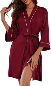 Kimono da donna corta leggero da camera da letto estivo 3/4 manica loungewear, rosso scuro, L