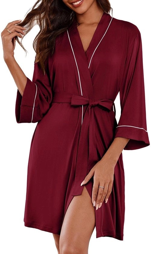 Kimono da donna corta leggero da camera da letto estivo 3/4 manica loungewear, rosso scuro, L