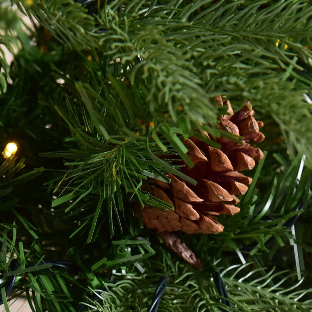 Albero di Natale artificiale, albero di Natale con LED bianco caldo, albero di Natale con supporto in ferro e adattatore, rami densi, albero di Natale con pigne, abete sintetico verde