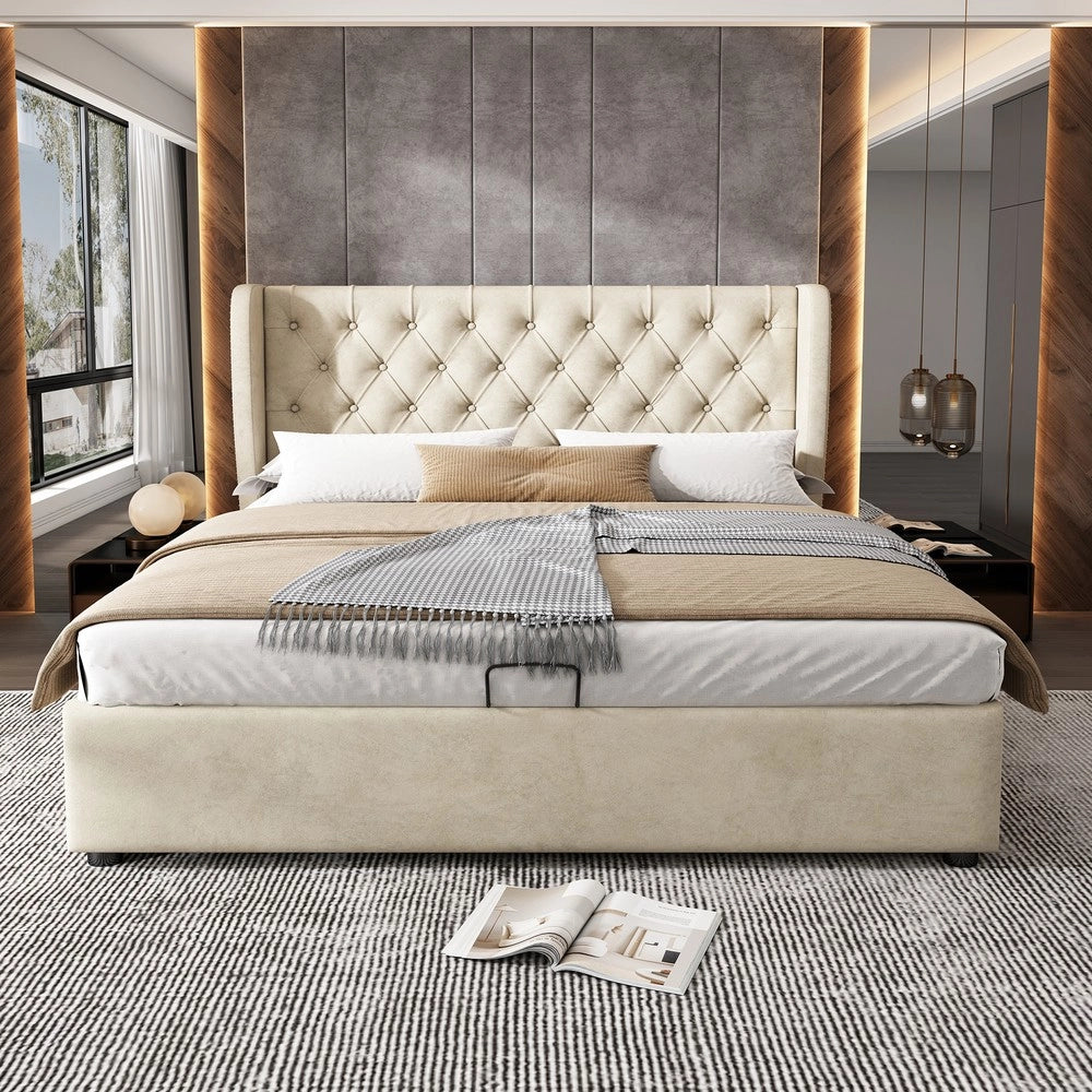 Letto imbottito contenitore ¨C Minimal ¨C beige velluto 140x200 cm rete a doghe idraulico