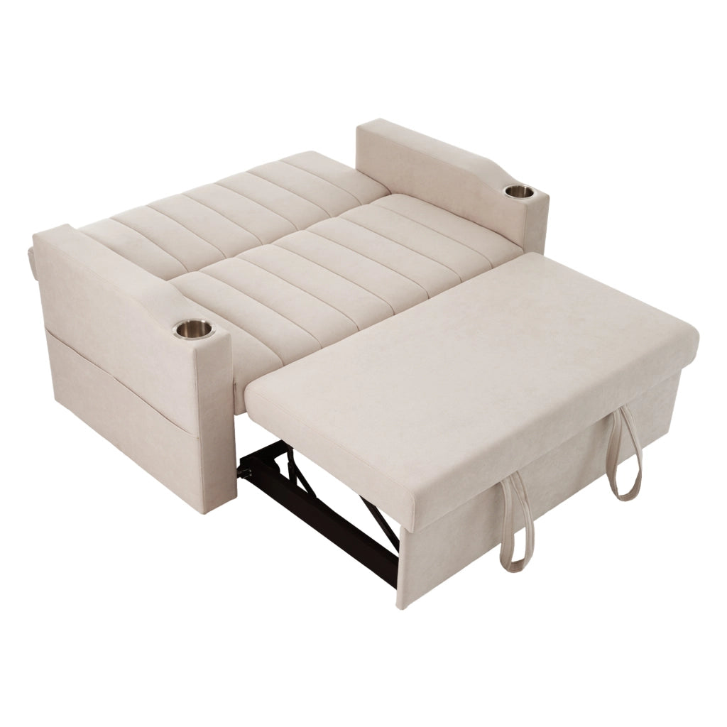 Divano letto 2 posti beige con schienale reclinabile e portabicchieri