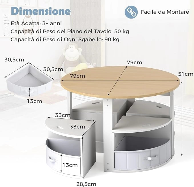 Set Tavolo e Sedie per Bambini a 5 Pezzi, Tavolino Rotondo Salvaspazio con 4 Sgabelli, Ripiano e 4 Cassetti in Tessuto, Set Mobili per Cameretta, Asilo e Disegnare (Naturale)