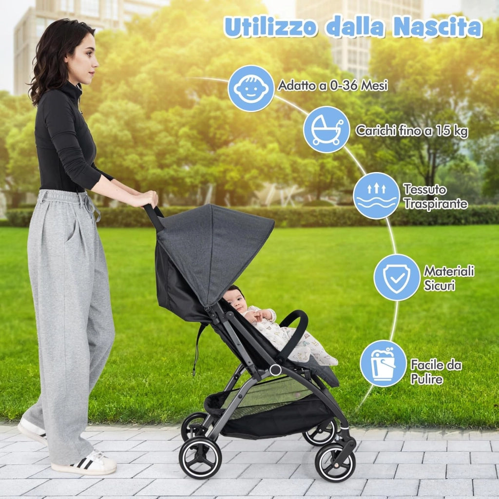 Passeggino Leggero per Bambini, Passeggino Pieghevole con Schienale Regolabile, Tettuccio, Cintura di Sicurezza a 5 Punti, Cestello Portaoggetti, per Bambini 0-36 Mesi (Grigio)