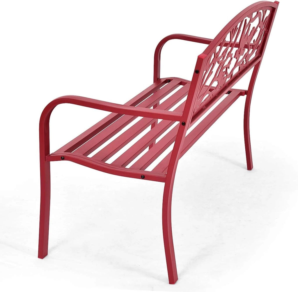 Panchina da Giardino a 2 Posti con Braccioli e Schienale Panchina in Ferro da Esterno， da Parco Terrazzo, 123x60x88 cm, Rosso