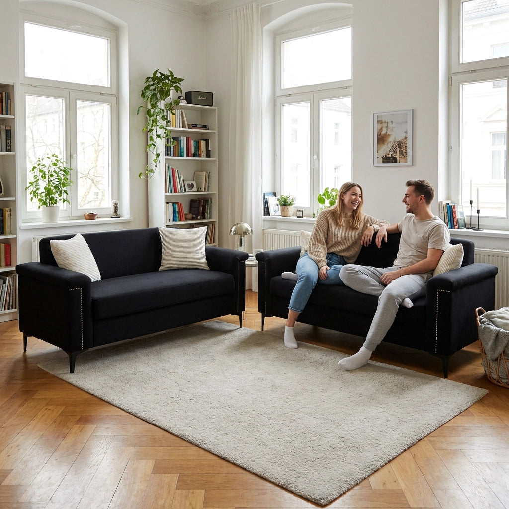 Divano a 2 posti compatto in tessuto con schiuma ad alta densità e piedini in metallo nero 172 × 73,5 cm