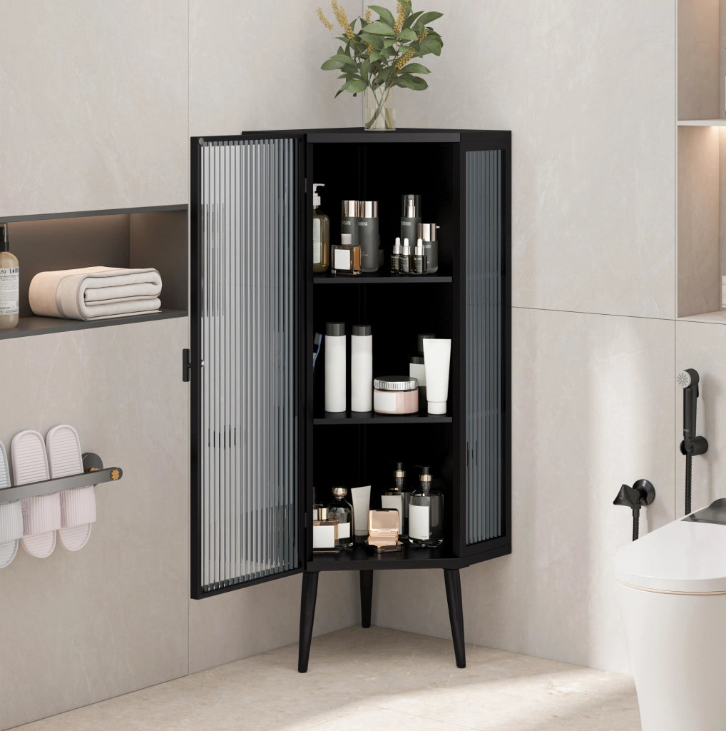 Mobile ad angolo da terra 56x42;5x110 cm in metallo e vetro temperato nero