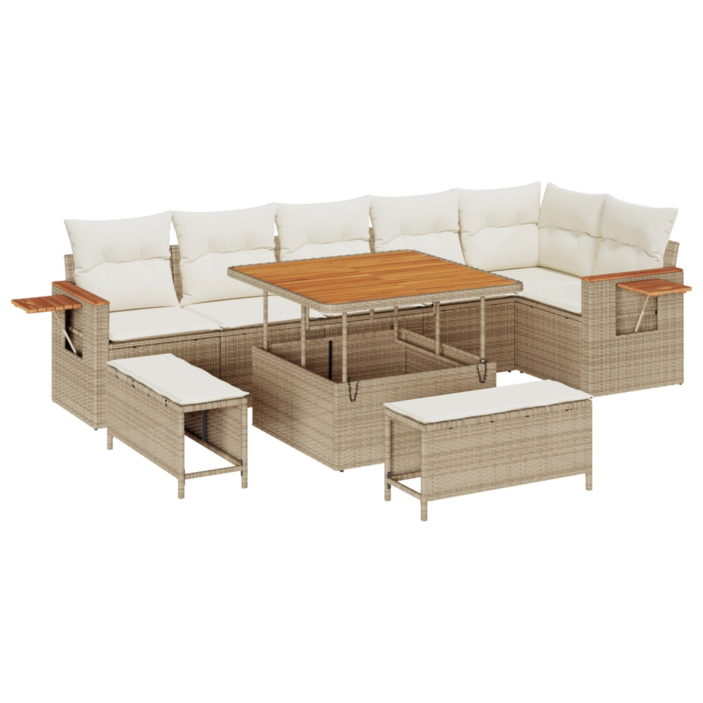 Set Divano da Giardino 9 Pezzi con Cuscini Beige Polyrattan Acacia