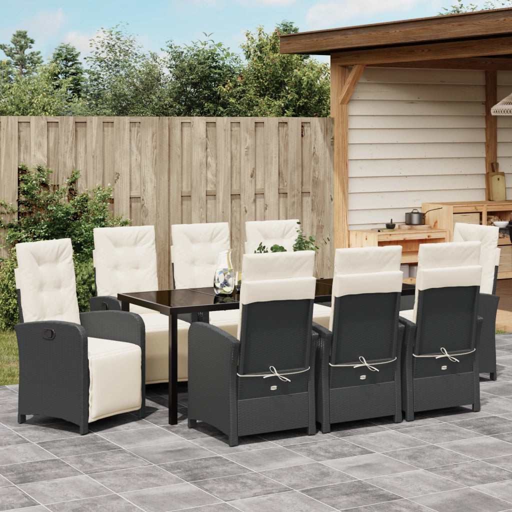 Set da pranzo da giardino da 9 pezzi con cuscini in rattan poliestere nero