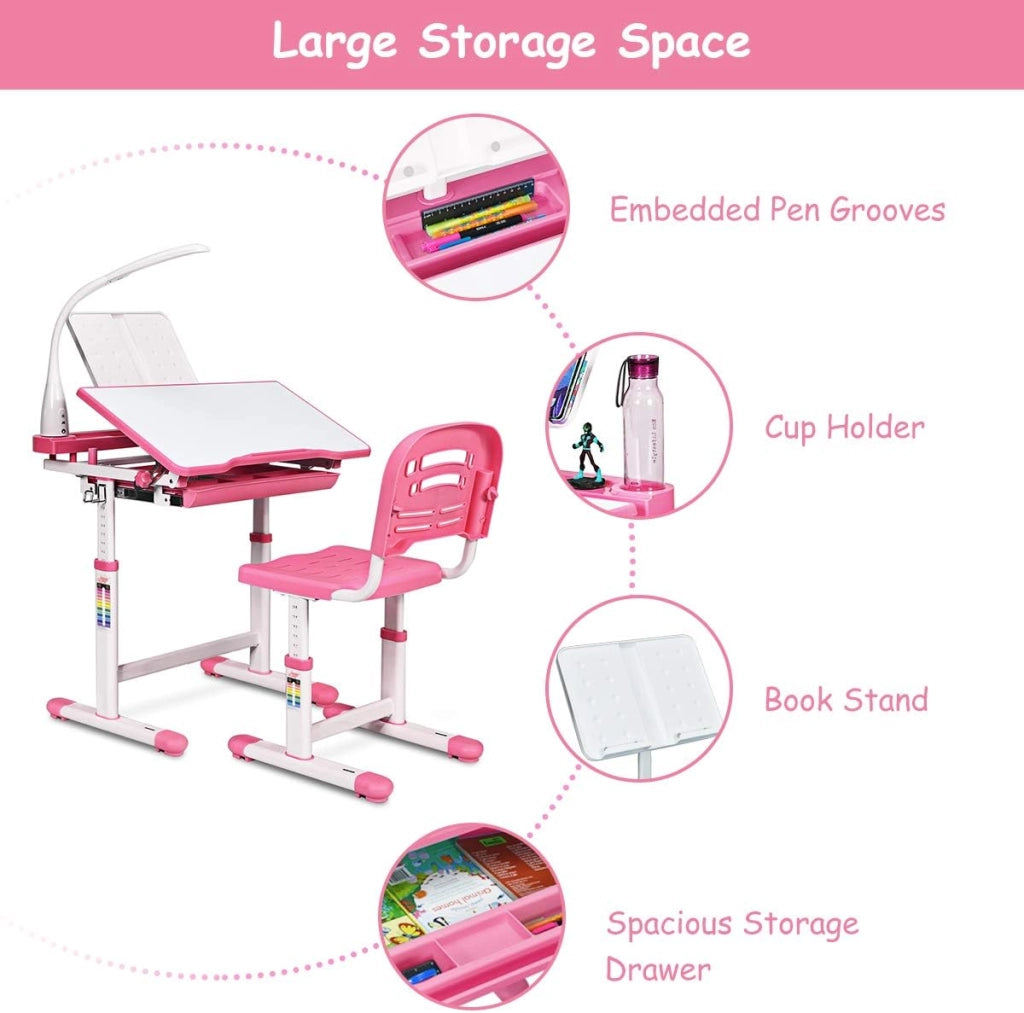 Set Scrivania e Sedia per Bambini 3-12 Anni, Altezza e Angolo Regolabile e Multifunzionale, Con Lampada di Protezione per gli Occhie Cornice per la Lettura (ROSA)