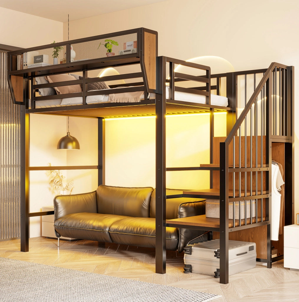 Letto a soppalco 90x200 cm con LED e scala di sicurezza in metallo nero