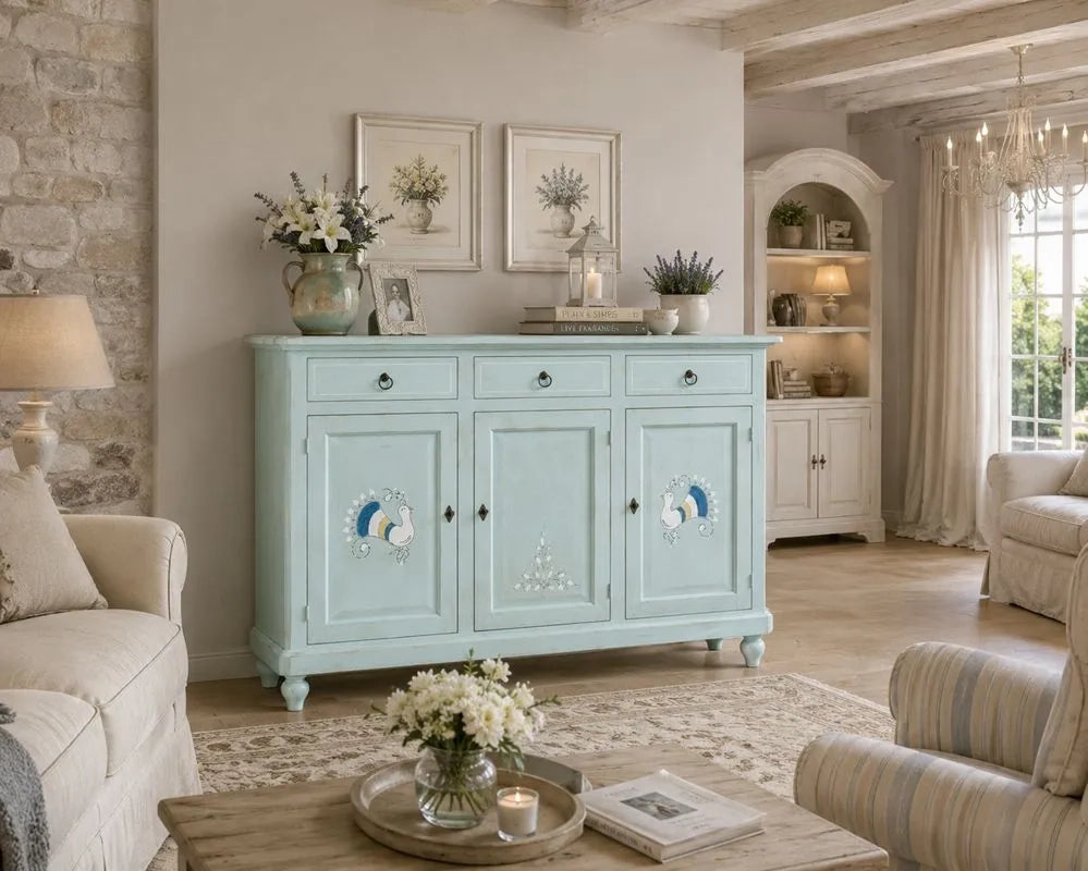 Credenza shabby verde vintage 3 porte 3 cassetti in legno 150x43x98 - Mobili 2G