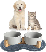 Doppio Dispensatore Cibo per Cani e Gatti con Base in Legno Massello - 2 pezzi - Grigio