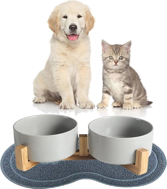Doppio Dispensatore Cibo per Cani e Gatti con Base in Legno Massello - 2 pezzi - Grigio