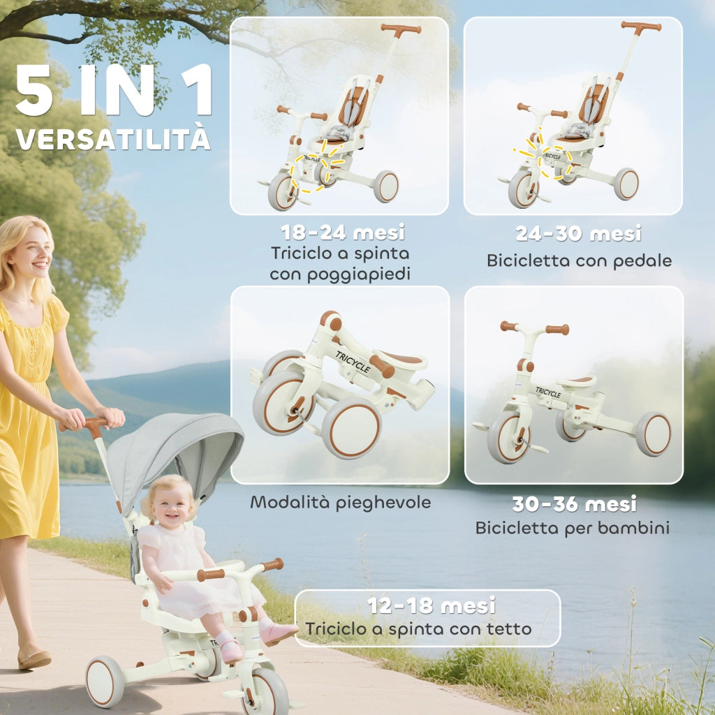 Triciclo 5 in 1 con Maniglione ¨C Xylo ¨C Bianco Crema, 96.5x49x101 cm