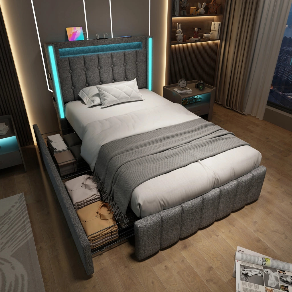 Letto singolo 90x200 - Xylo - Grigio con USB-C e materasso incluso