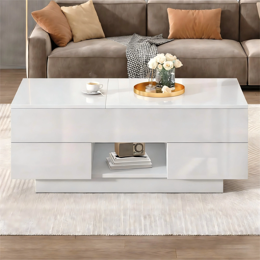 Tavolino da Caff¨¨ Sollevabile con LED e Cassetti ¨C MINIMAL ¨C Bianco, Truciolato, 100x50x43