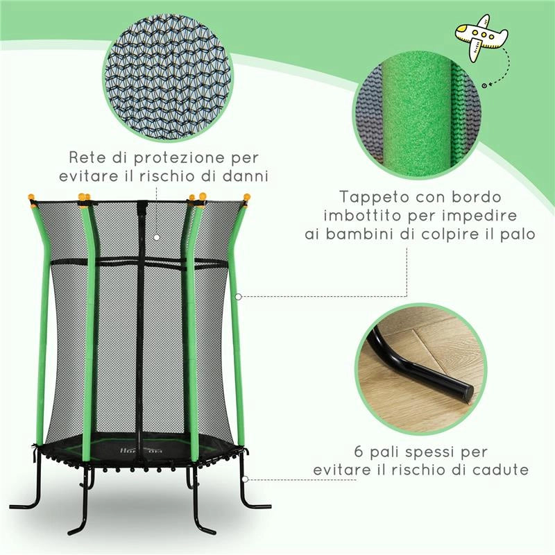 TRAMPOLINO ELASTICO PER BAMBINI 3-10 ANNI CON INGRESSO A CERNIERA E PALI IMBOTTITI, Ï163.5X190 CM, VERDE