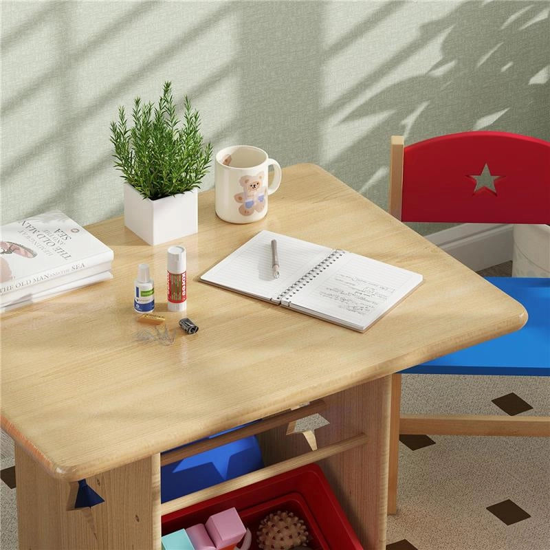 SET TAVOLO E SEDIE PER BAMBINI 3-7 ANNI CON 2 SEDIE E TAVOLO CON 4 CONTENITORI IN LEGNO E PP COLOR LEGNO