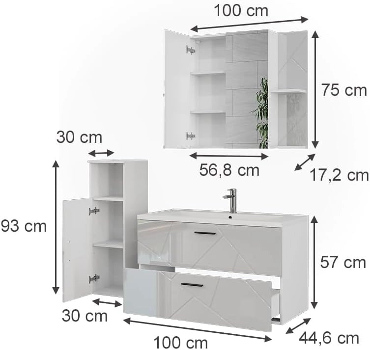 Set di mobili da bagno Irma, Bianco/bianco lucido, 100 cm, composto da mobile sottolavabo con lavabo, armadio medio e specchio da bagno