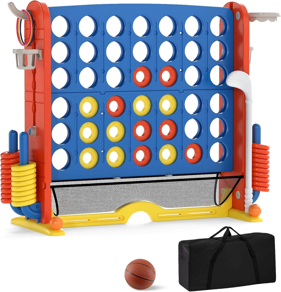 4 in 1 Forza 4 Gigante, Set di Gioco 4 in Fila con Lancio degli Anelli, Canestro da Basket, Palla, Mazza da Golf, Porta Bicchieri, Borsa e Tasca a Rete, Forza 4 Regolabile in Altezza (Blu)