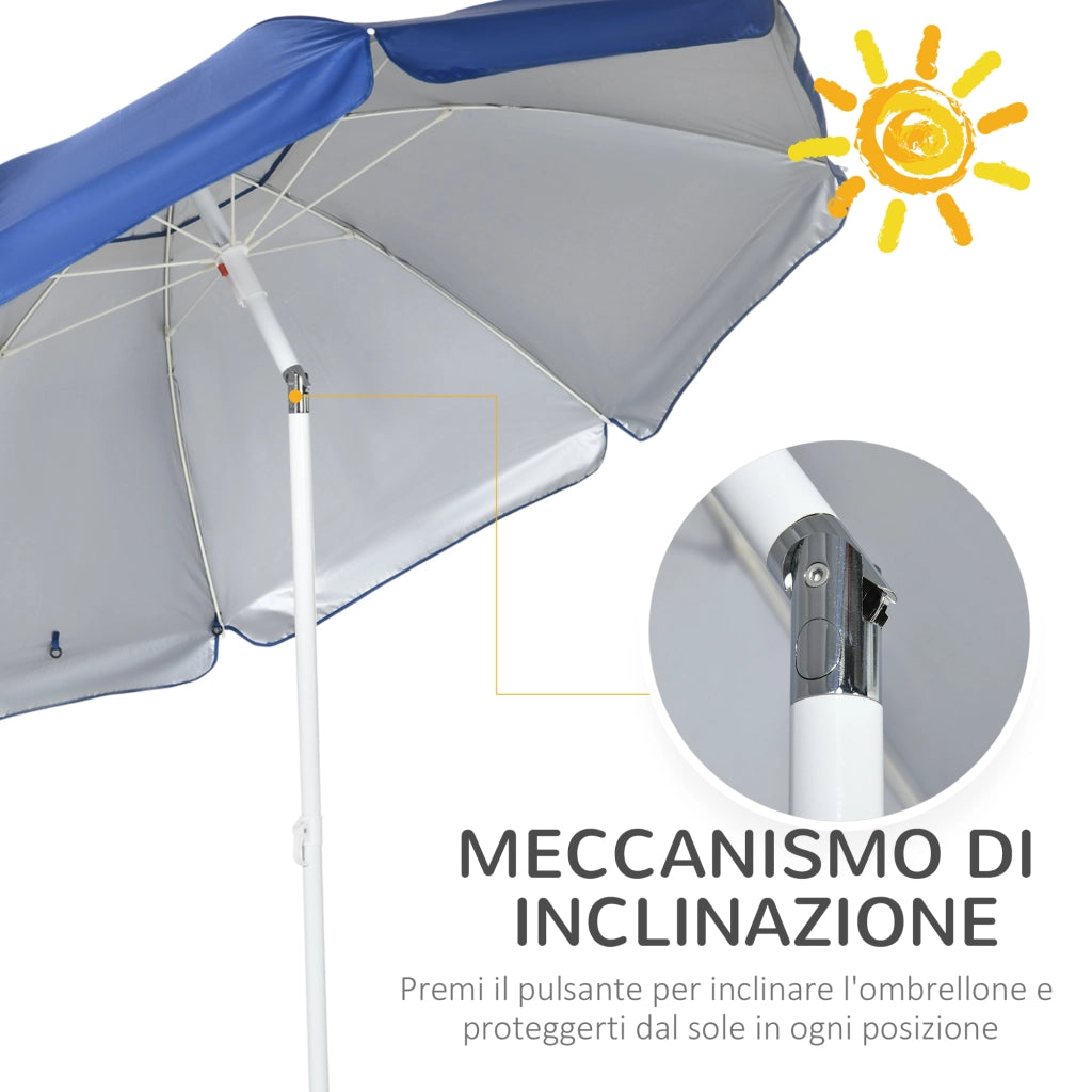 Ombrellone da Spiaggia Inclinabile con Tendine Laterali, in Poliestere e Acciaio, ?191x211 cm, Blu e Bianco