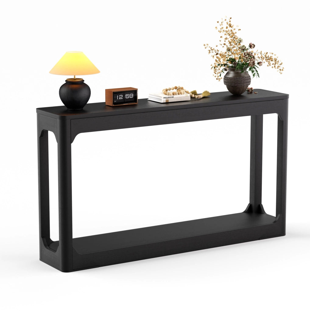 Tavolo consolle stretto nero 140 cm con ripiani aperti