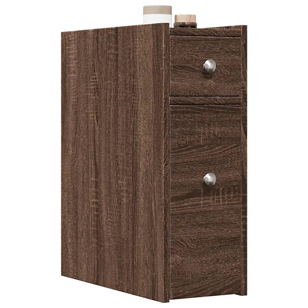 Armadietto da Bagno | Armadio da bagno Stretto con Ruote Rovere Marrone Truciolato