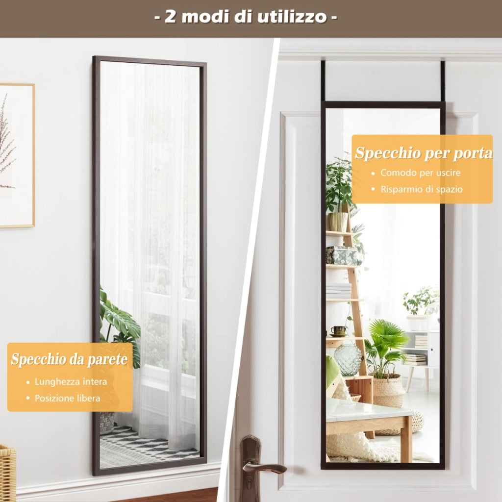 Specchio a figura intera per muro o porta con struttura in ferro, Specchio con 2 set di ganci regolabili Caff¨¨