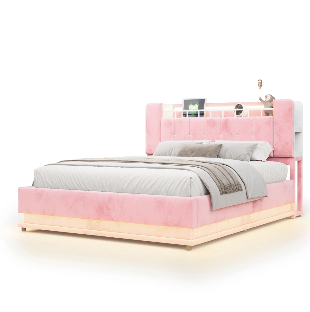 Letto imbottito 160x200 cm con LED; USB; contenitore idraulico e rivestimento in velluto rosa