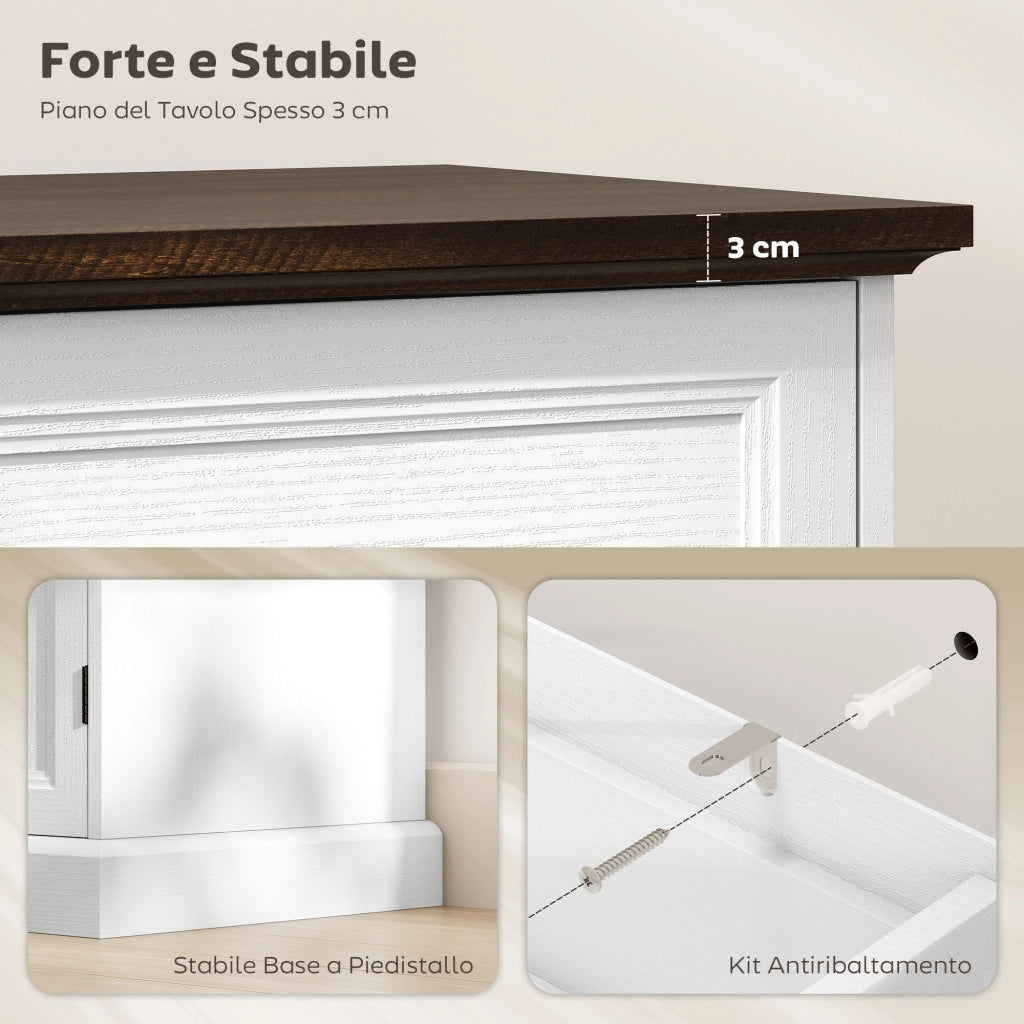Credenza da Cucina Stile Vintage 147x40x87 cm con 4 Cassetti e 2 Armadietti con Mensole Regolabili Legno Bianco