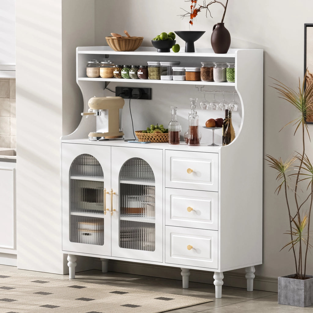 Mobile Bar con 3 Cassetti; Ripiani Regolabili; Portabicchieri e Presa USB Tipo C per Cucina 120x40x138.5 cm