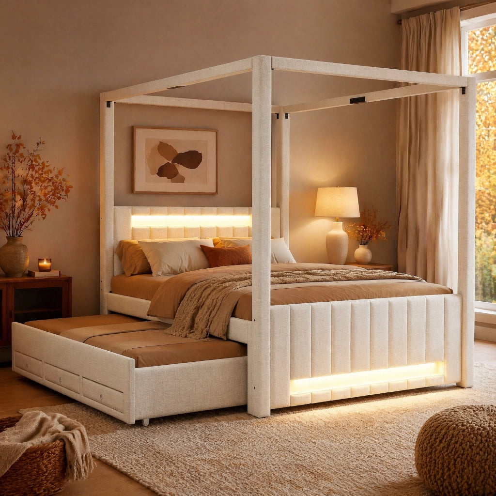 LETTO A BALDACCHINO 140x200 cm con letto estraibile e 3 cassetti, LED Beige