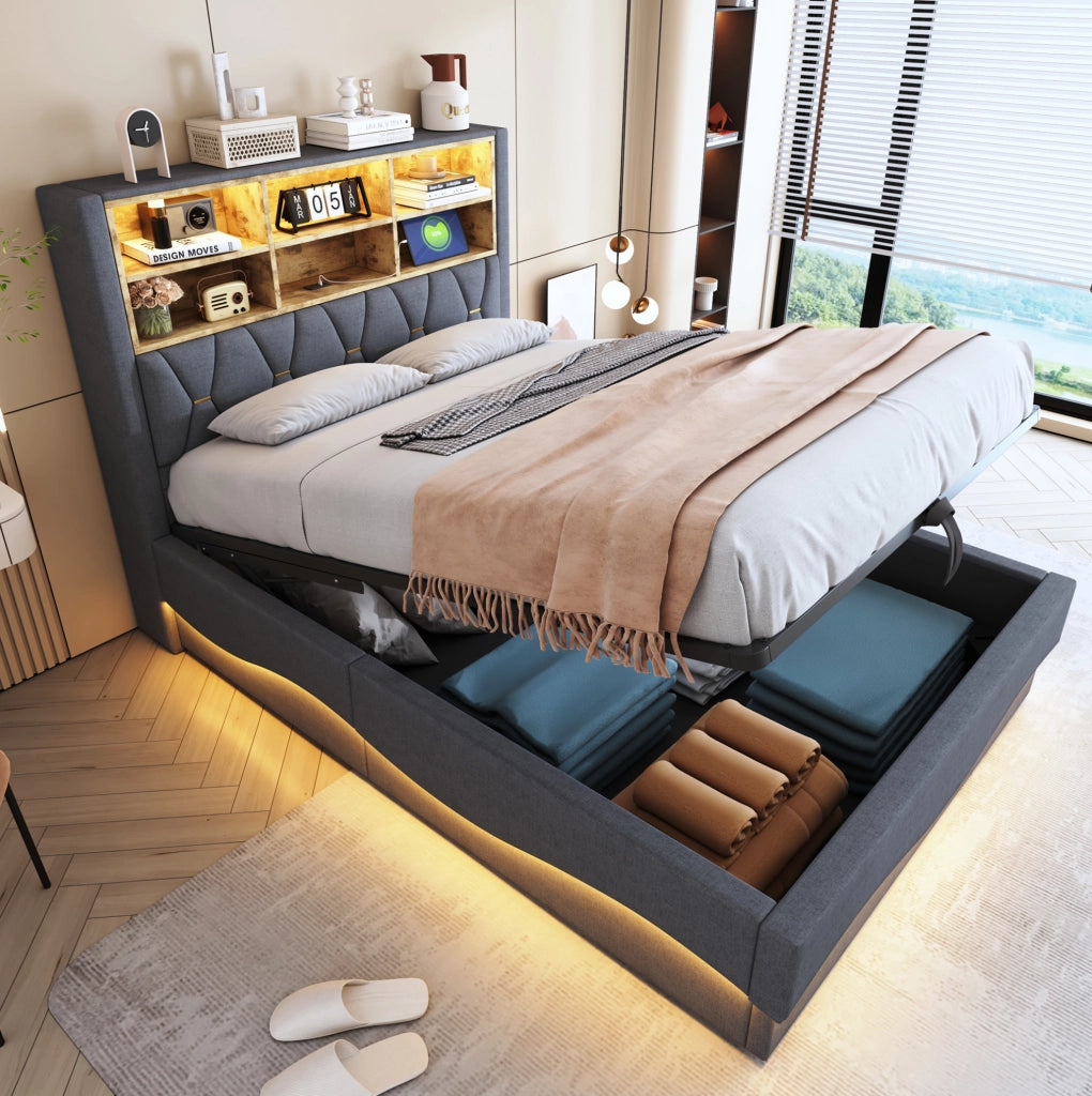 Letto imbottito 140x200 cm con contenitore; LED e USB in lino e metallo grigio