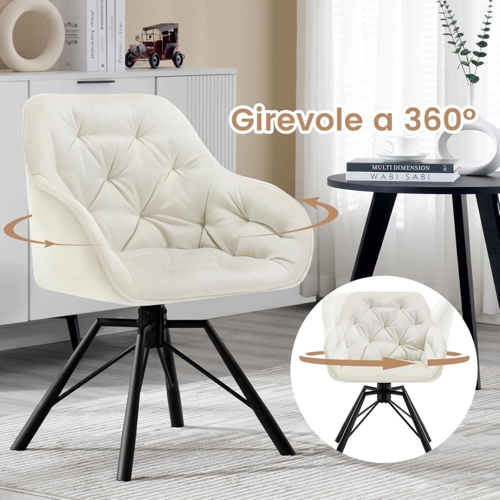 Set di 6 Sedie per Sala da Pranzo Girevoli a 360°, Sedie da Cucina Imbottite con Gambe in Metallo, Poltroncine in Velluto per Camera da Letto, Soggiorno, Ufficio, Crema EZS60cm-6