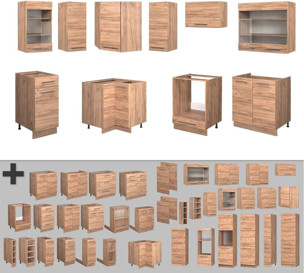 Cucina angolare completa Fame-Line, Quercia dorata, 190 x 60 cm, PL Rovere, combinabile con altri moduli per una progettazione flessibile della cucina