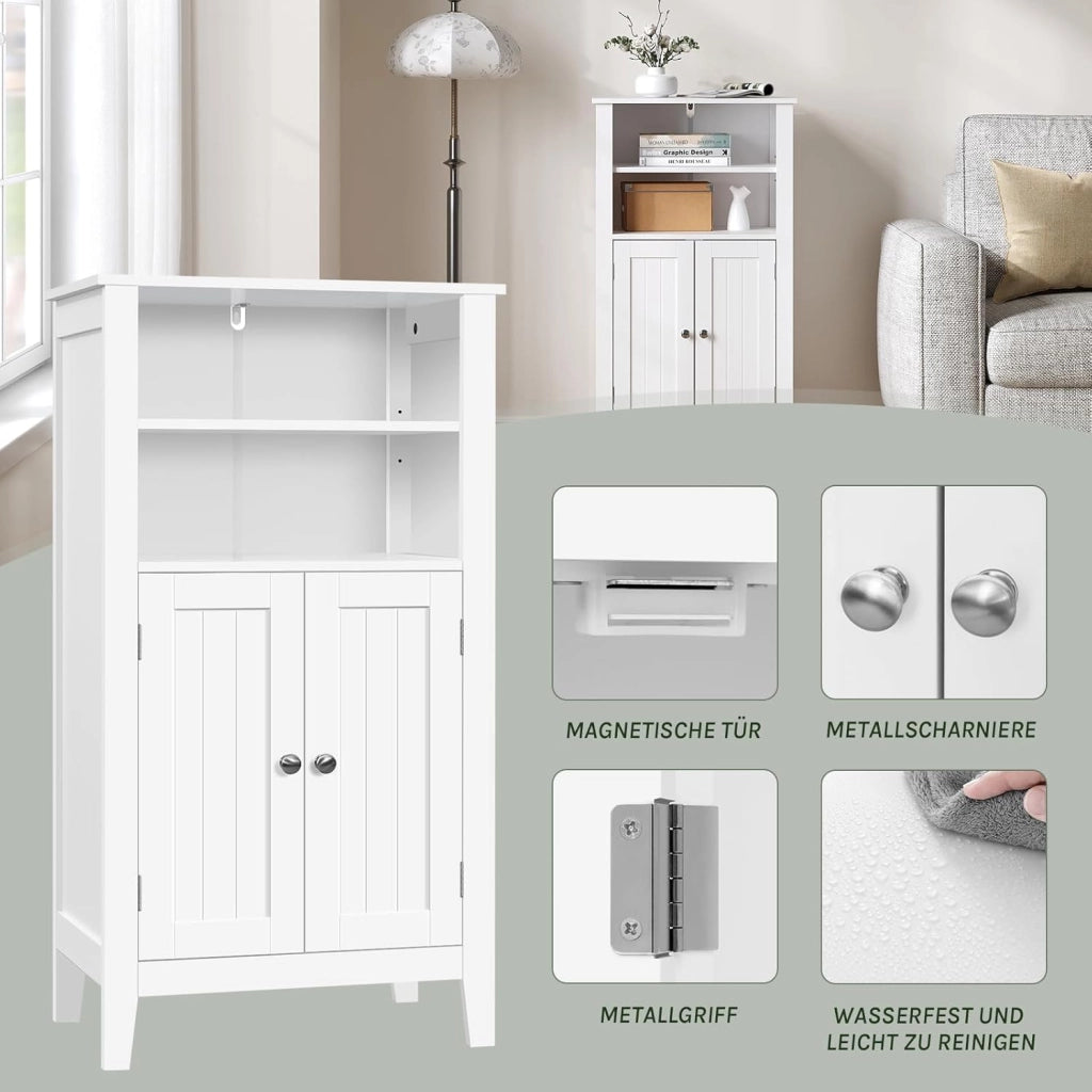 Armadietto da Terra Bianco Mobiletto Bagno Autoportante con Ante Salvaspazio in Legno