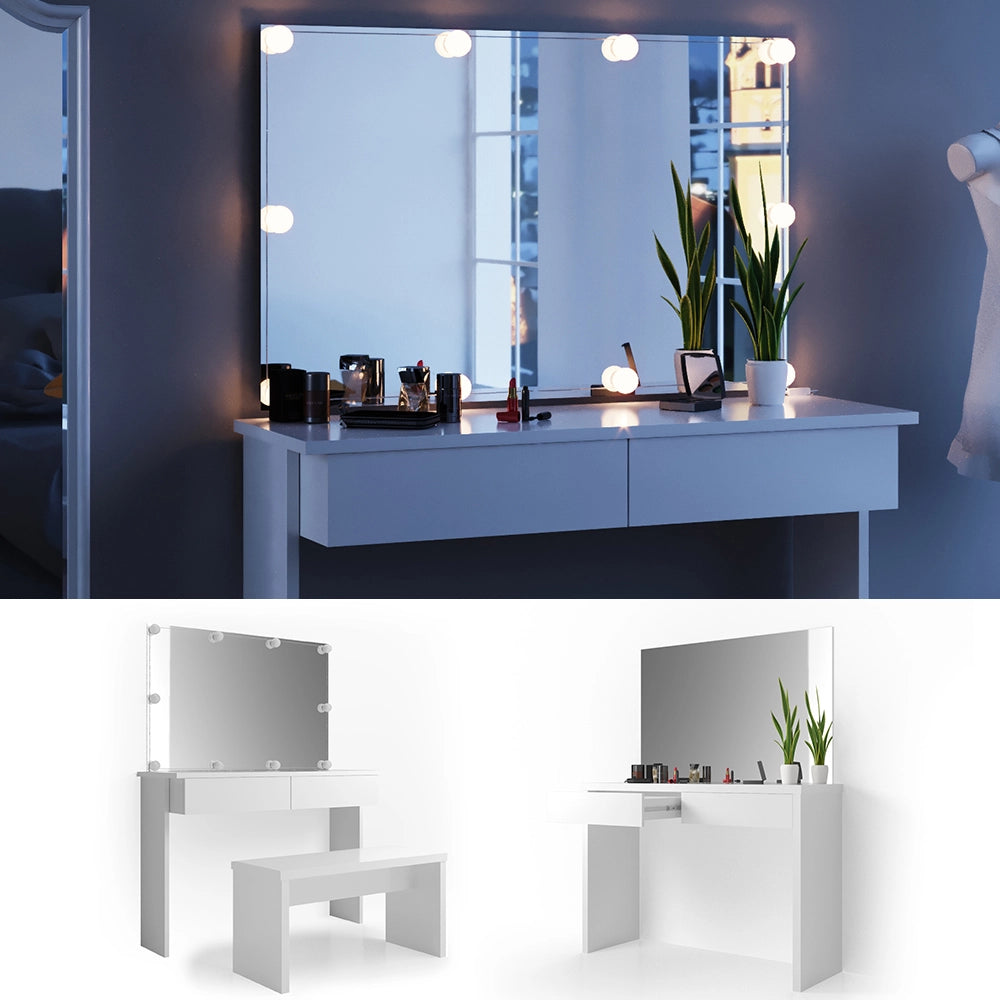 Vicco Tavolo da toeletta Bianco 120 cm con illuminazione a LED e panca
