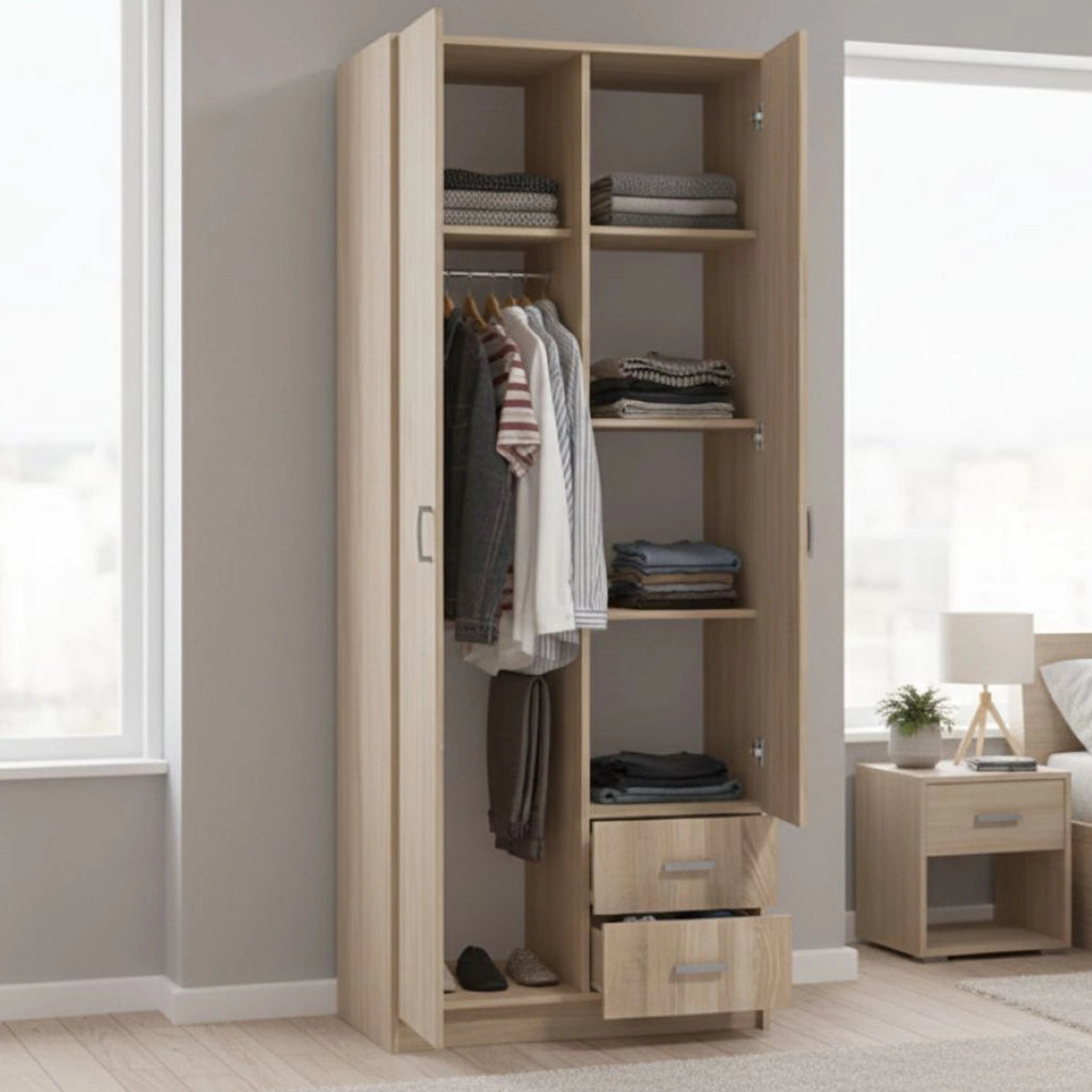 Armadio Camera da Letto Cimena, Guardaroba 2 Ante Appendiabiti, 80x205h cm Marrone Rovere